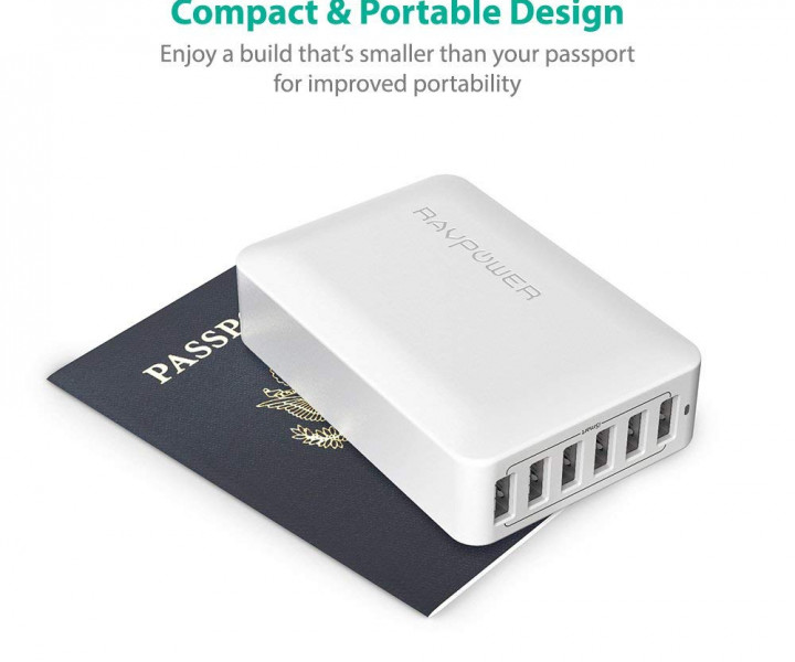  RAVPower 60W 12A 6-Port USB Desktop Charging Station with iSmart Technology White (RP-PC028WH)